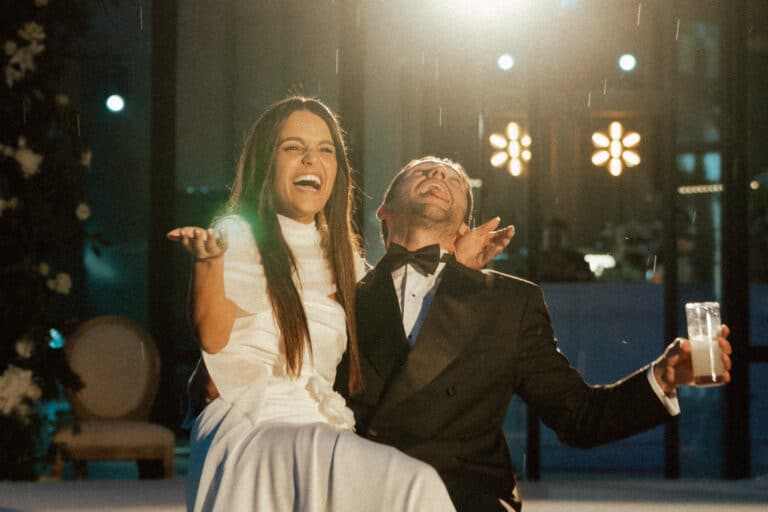 Juliette and Simon laughing together at their Jewish wedding at Domaine Abiad, Marrakech